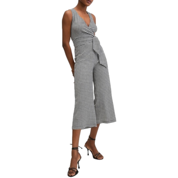 Mango Pants - NWT Mango Sleeveless Tie Waist Gingham Jumpsuit (Black/White)